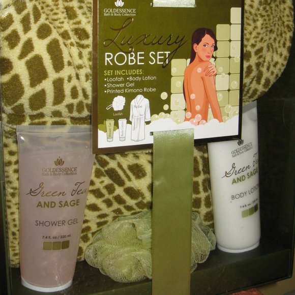 Robe Set Luxury Loofah Body Lotion Shower Gel Printed Kimono Robe Gold Essence - Picture 1 of 4